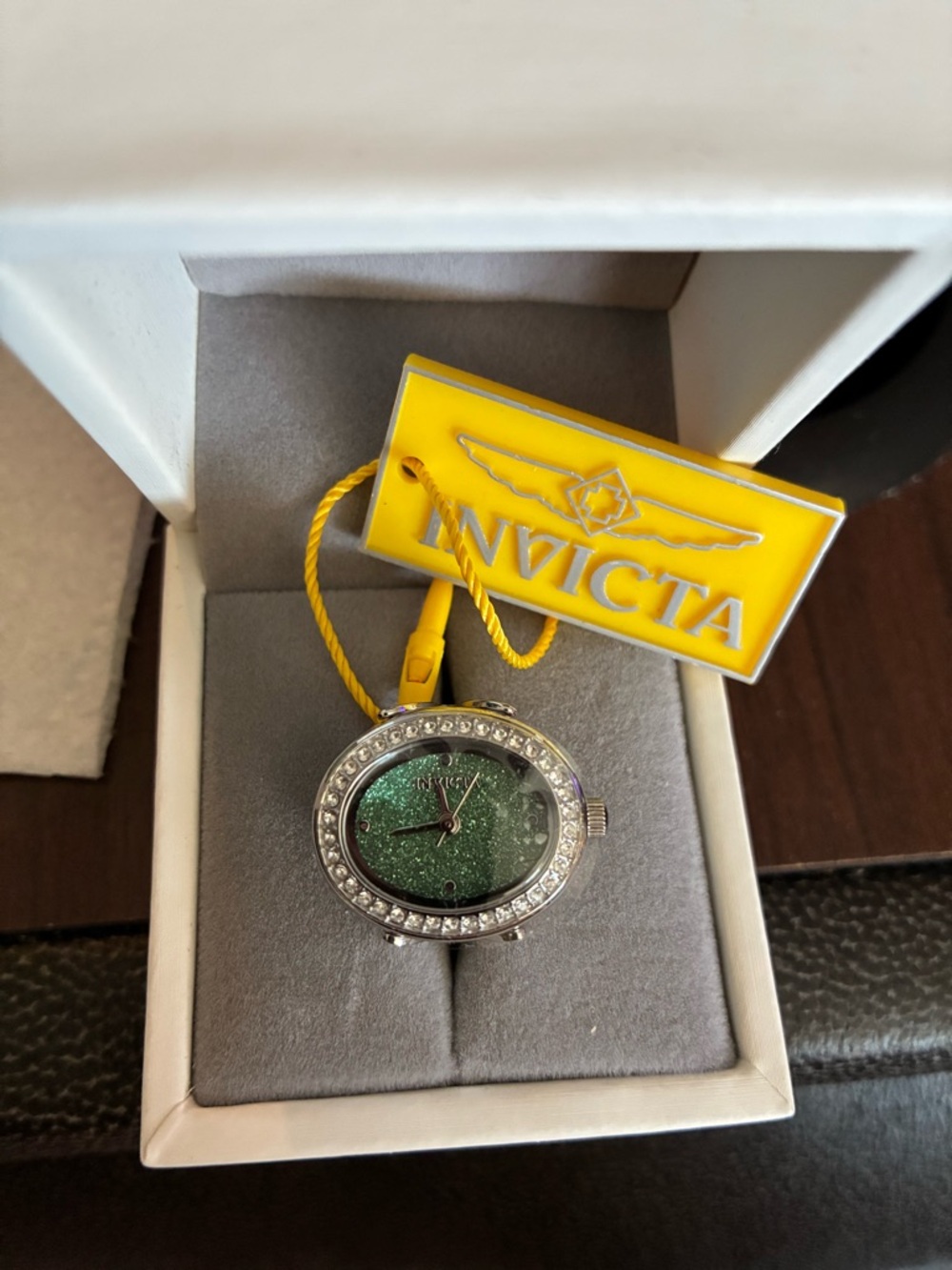 Invicta Silver Ring with Green Glitter Dial and Crystal Halo